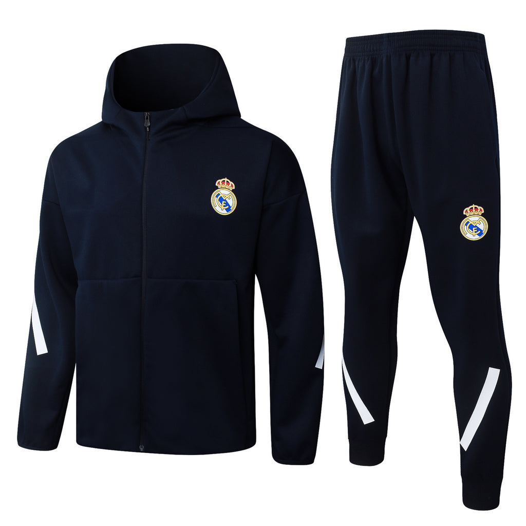 2025-26 Real Madrid Dark blue Long zippered training suit with hood