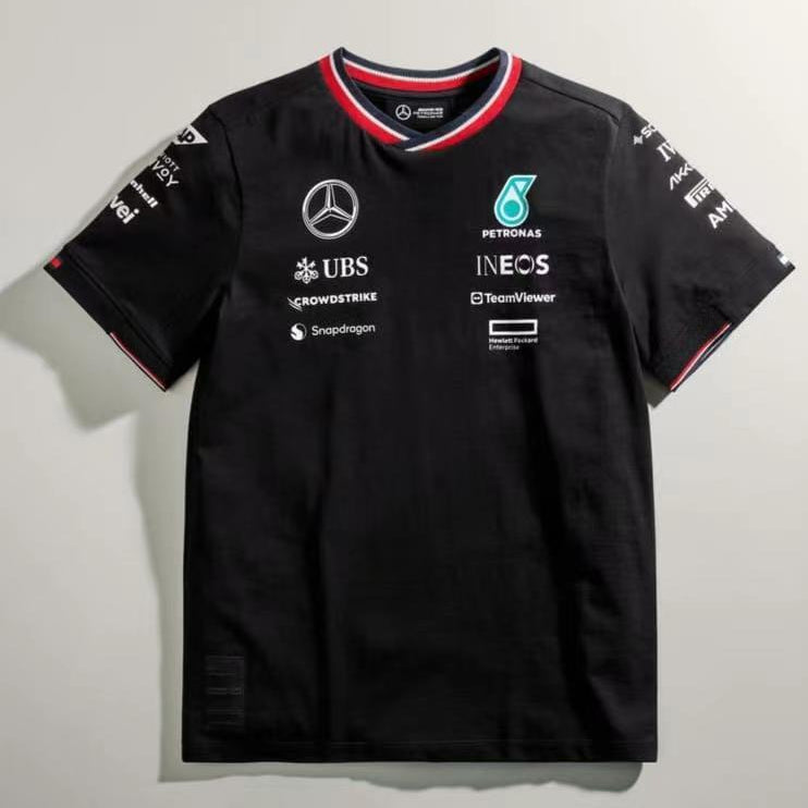 Formel-1-Rennanzug 2025, Mercedes, schwarzes Poloshirt, Größen S-5XL